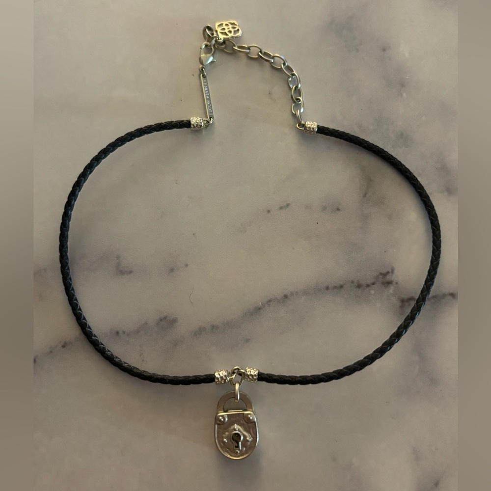 Kendra Scott Black Leather Choker Necklace with Gold Lock Pendant
